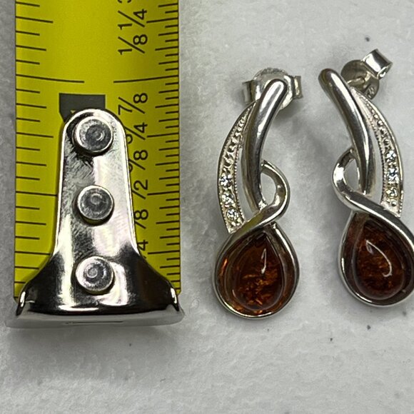 Sterling Silver 925 Cognac Baltic Amber Earrings With Cubic Zirconia Accents - Picture 8 of 11